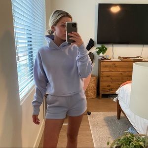 lilac purple two piece sweatshirt and shorts set